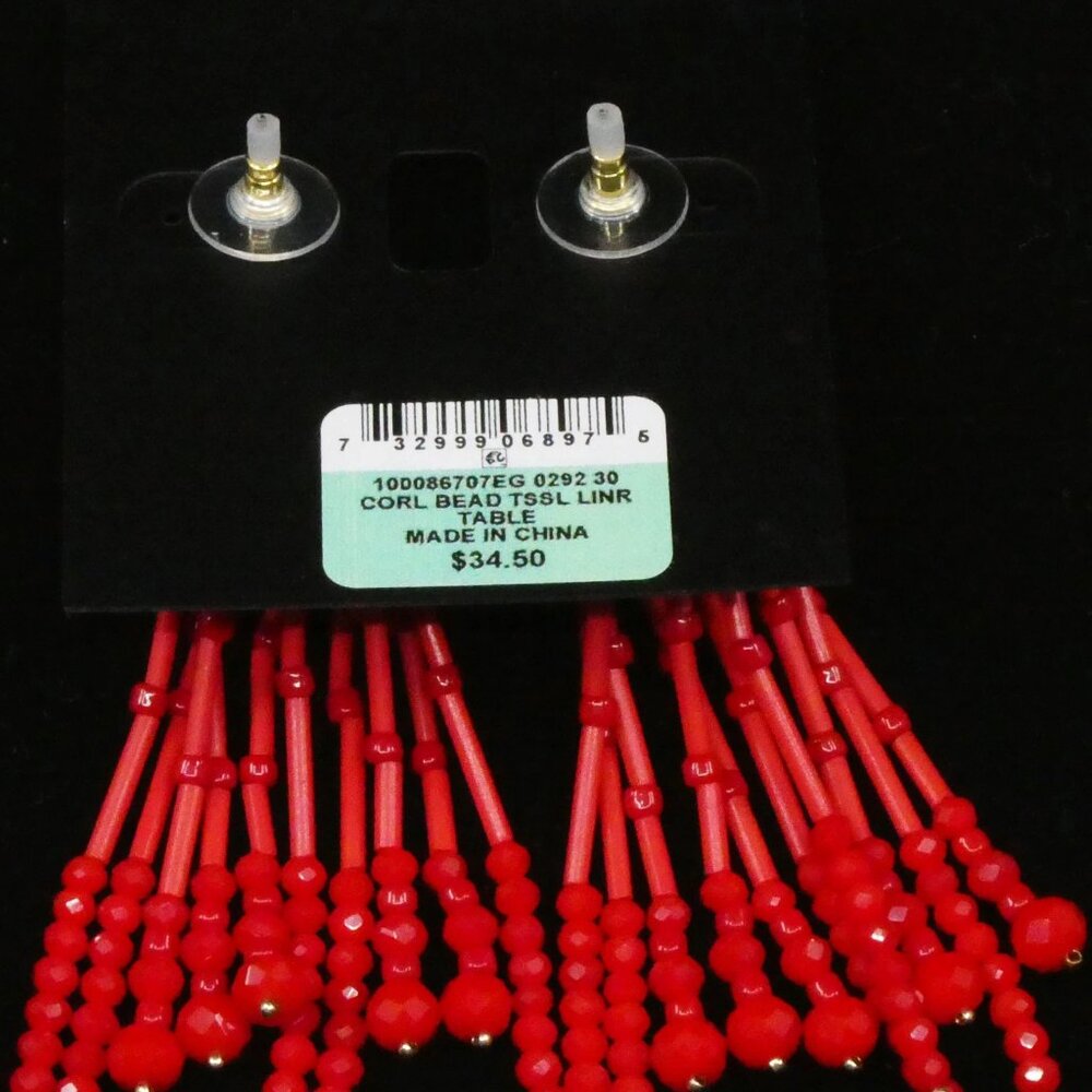 INC International Concepts Beaded Tassel Linear Dangle Red Earrings New w/ tags - Picture 2 of 4